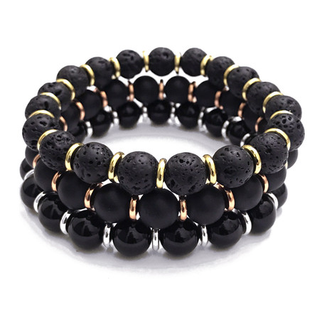 The Power Bracelet Stack // Polished Black Onyx + Matte Black Onyx + Lava Stone (Petite)