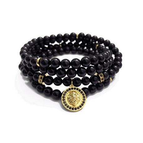 Wrap Necklace + Bracelet 2-In-1 // Black Onyx + Gold Medallion (28")