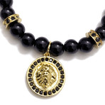 Wrap Necklace + Bracelet 2-In-1 // Black Onyx + Gold Medallion (28")