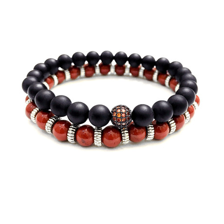 The Modern Man Bracelet Stack //Red Jasper + Matte Black Onyx + Red CZ Diamond (Petite)