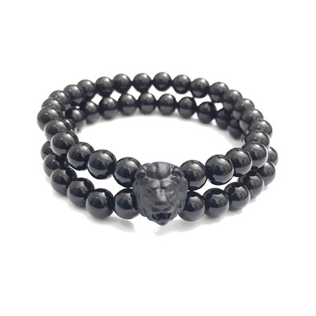 King Of Jungle Lion's Head Bracelet // Double Strand Black Onyx (Petite)
