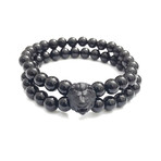 King Of Jungle Lion's Head Bracelet // Double Strand Black Onyx (Petite)