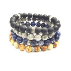 The Merakiman Bracelet Stack // Blue Sodalite + Picture Jasper + Matte Black Onyx + Silver Agate (Petite)