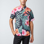 Aloha Woven Button-Up Shirt // Pink + Green (L)