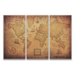 World Map + Pins // Golden Aged // 3 Panels (48"W x 32"H x 1.25"D)