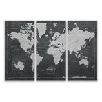 World Map + Pins // Modern Slate // 3 Panels (48"W x 32"H x 1.25"D)