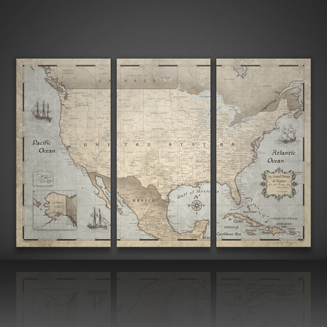 USA Travel Map Pin Board // Rustic Vintage // 3 Panel (48”W x 32”H x 1.25”D)
