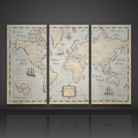 World Map + Pins // Rustic Vintage // 3 Panels (48"W x 32"H x 1.25"D)