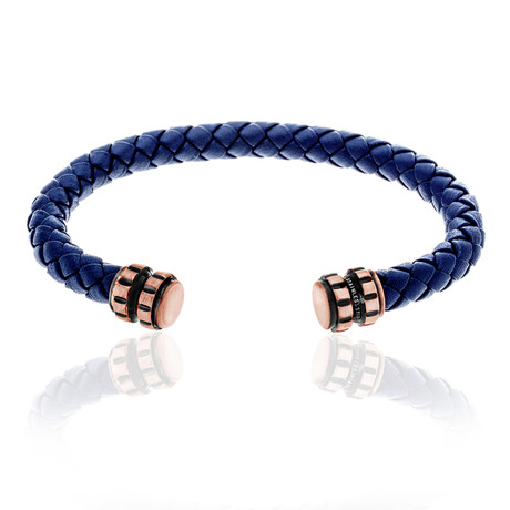 Oxidized Ribbed Caps Braided Leather Bangle // Blue + Rose Gold