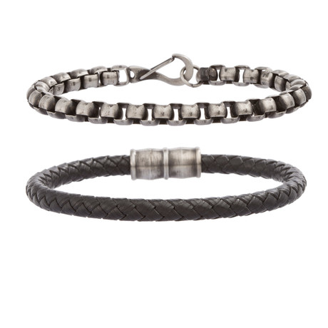 Textured Bead + Leather Bracelet Set // Black + Silver