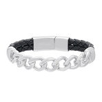 Curb Chain Double Leather Band Bracelet // Silver + Black