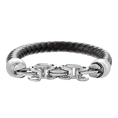 Double Link Leather Bracelet // Silver + Black