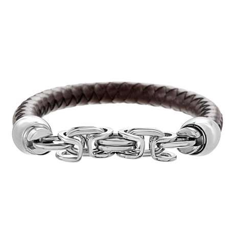 Double Link Leather Bracelet // Silver + Brown