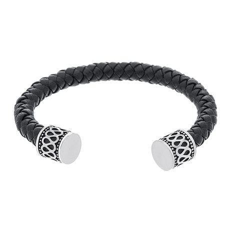 Oxidized Engraved Ends Braided Leather Bangle // Black