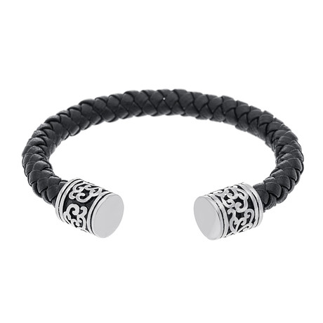Oxidized Scroll Engraved Ends Braided Leather Bangle // Black