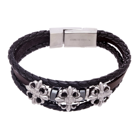 Two-Tone Fleur de lis Cross Leather Bracelet // Black + Silver