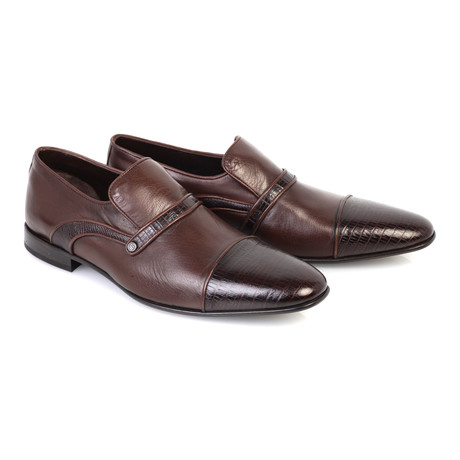 Croc Embossed Leather Captoe Piped Smoking Loafer // Brown (Euro: 39)