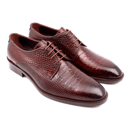 Croc Embossed Leather Lace-Up Derby // Brown (Euro: 39)