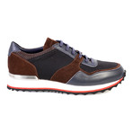 Leather Thick Sole Colorblocked Lace-Up Sneaker // Navy Blue + Brown + Red (Euro: 44)