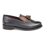 Embossed Leather Perforated Wingtip Tassel Loafer // Navy Blue (Euro: 43)