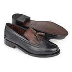 Embossed Leather Perforated Wingtip Tassel Loafer // Navy Blue (Euro: 43)