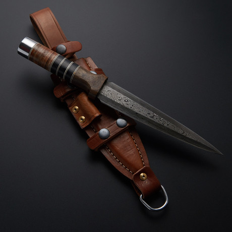 Raindrop Damascus Walnut Leather Tactical Dagger