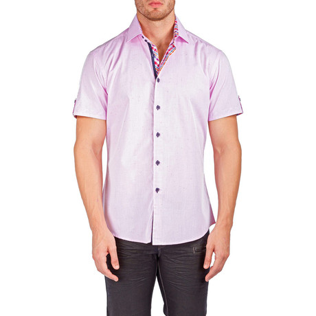 Plaid Placket Short-Sleeve Button-Up Shirt // Pink (XS)