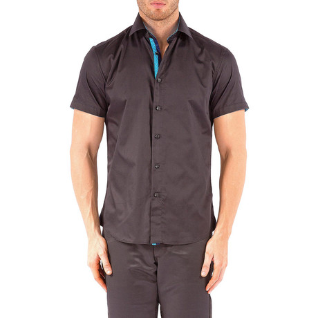 Dot Placket Short-Sleeve Button-Up Shirt // Black (XS)