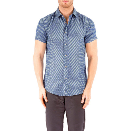 Dot Matrix Short-Sleeve Button-Up Shirt // Navy (XS)