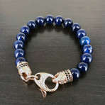 Skull Clasped Beaded Bracelet // Blue Agate + Gold Plated