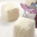 Faux Fur Pouf Ottoman // Ivory Mongolian (19" x 17" x 17")