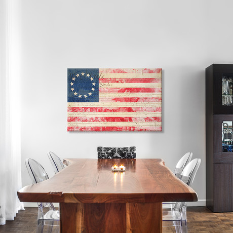 USA `Betsy Ross` Flag with Constitution Background II (26"W x 18"H x 0.75"D)
