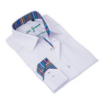 Textured White Button-Up Striped Trim // White + Blue + Red (L)