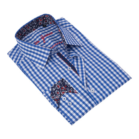 Checkered Button-Up Floral Trim // Blue + White (S)