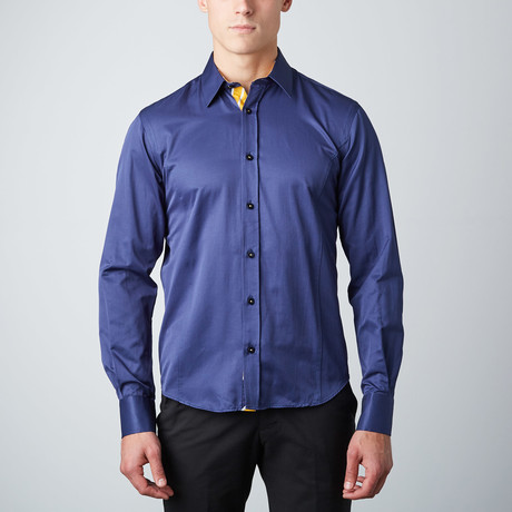 Slim Fit Stripe-Trim Button-Up Shirt // Navy (XS)