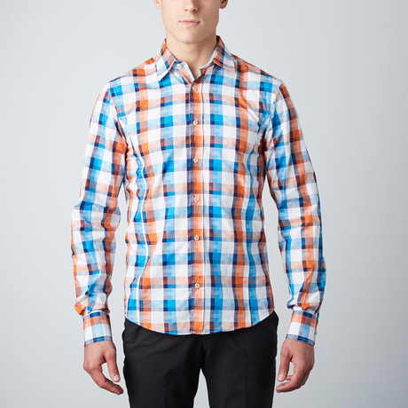 Mixed Check Button-Up Shirt // Orange + Blue (S)