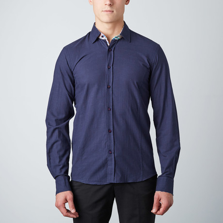 Check-Trim Button-Up Shirt // Dark Blue (S)