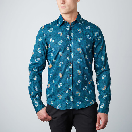 Paisley Solid-Trim Button-Up Shirt // Green (S)