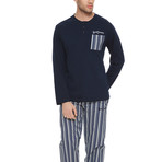 Striped Long Sleeve Cotton Pajama Set // Dark Blue (S)