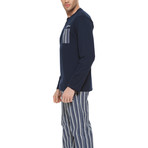 Striped Long Sleeve Cotton Pajama Set // Dark Blue (S)