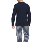 Striped Long Sleeve Cotton Pajama Set // Dark Blue (S)