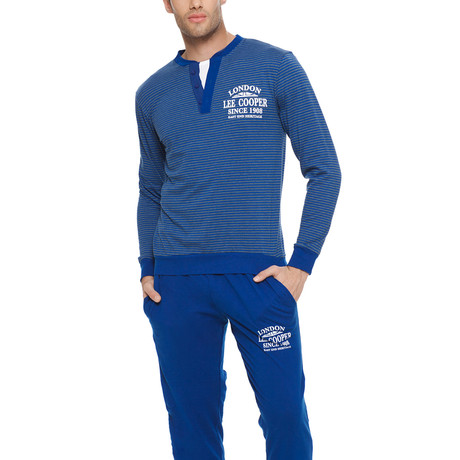 Henley Long Sleeve Cotton Pajama Set // Blue (S)