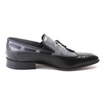 Mixed Texture Perforated Wingtip Tassel Loafer // Black (Euro: 45)