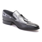 Mixed Texture Perforated Wingtip Tassel Loafer // Black (Euro: 45)