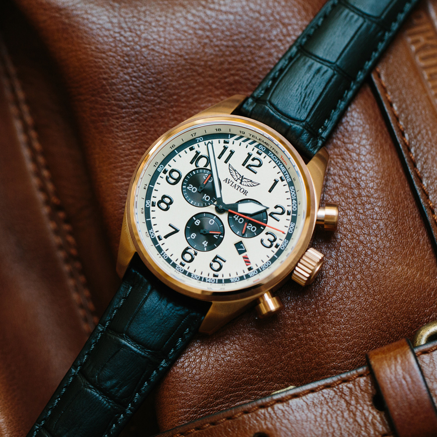 Aviator Airacobra P45 Chrono Watch with Brown Leather Strap