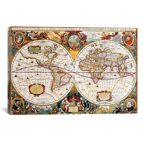 Antique Map of The World // Double Hemisphere // Hondius (18"W x 12"H x 0.75"D)