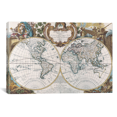 Antique Map of the World // Double Hemisphere (18"W x 12"H x 0.75"D)