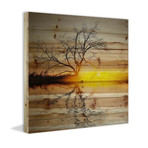Glowing Sunset Lake Painting Print // Natural Pine Wood (18"W x 18"H x 1.5"D)