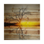 Glowing Sunset Lake Painting Print // Natural Pine Wood (18"W x 18"H x 1.5"D)
