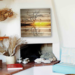 Glowing Sunset Lake Painting Print // Natural Pine Wood (18"W x 18"H x 1.5"D)